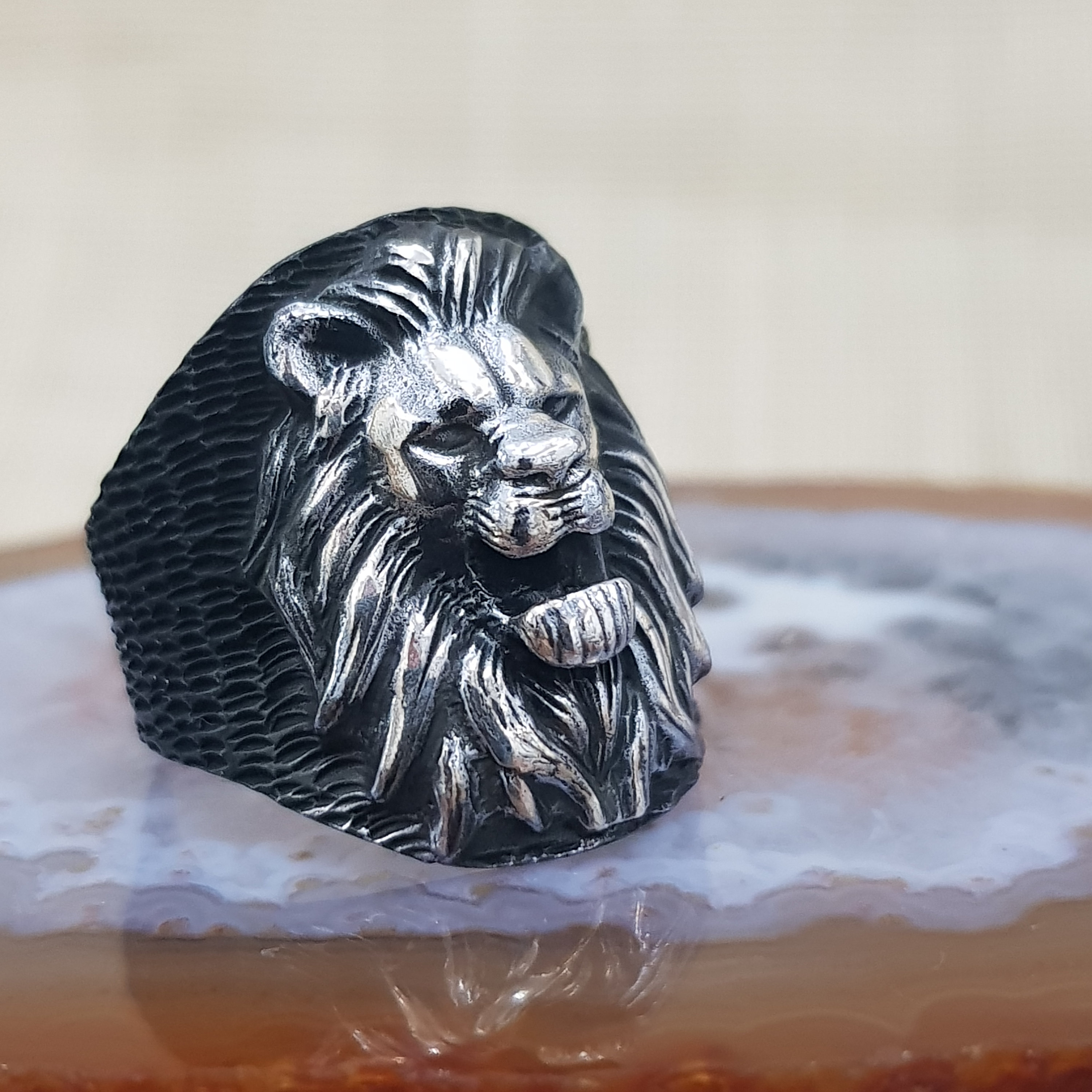 Sterling Silver 925k Men Ring Lion Head Ring Balck Cubic Etsy