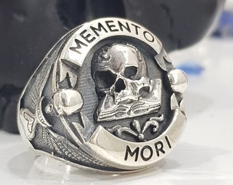 Bague souvenir haut de gamme MEMENTO MORI en argent sterling, tête de mort faite main, bague souvenir stoïcienne, bague stoïcienne Bijoux de haute qualité avec une signification stoïcienne, souvenir