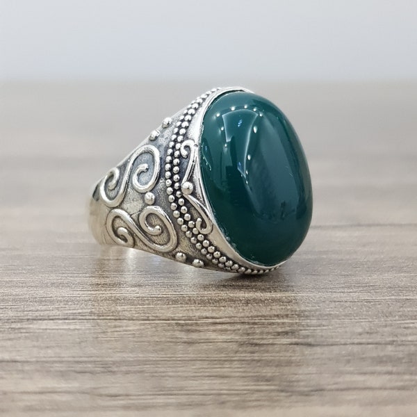 Green Agate 925 k Sterling Silver Men's Ring  Handmade Finished Gift -