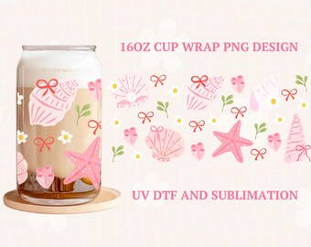 Pink Coastal Cup Wrap | Pink Coastal Vibes | Libbey Cup Wrap PNG | 16oz Cup Wrap | Pink SeaShells | Libbey Glass Can Wrap
