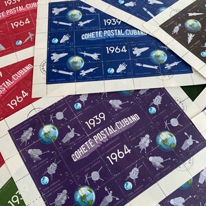 Space themed miniature used postage stamp sheets. Vintage complete. 1939-1964 image 2