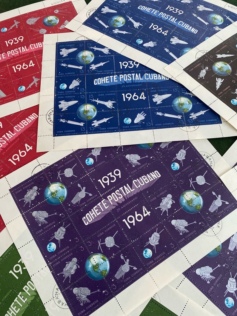 Space themed miniature used postage stamp sheets. Vintage complete. 1939-1964 image 2
