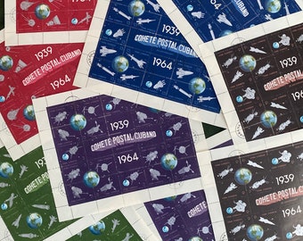 Space themed miniature used postage stamp sheets. Vintage complete. 1939-1964