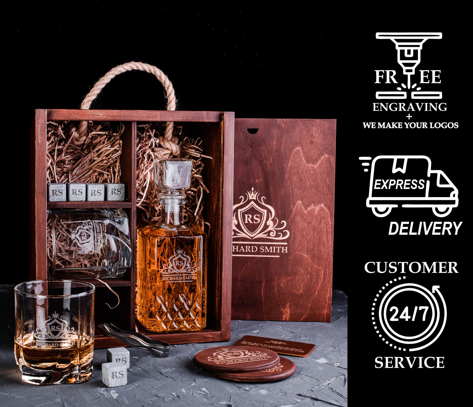 Engraved Stemless Wine Glass Set W/ Glass Decanter