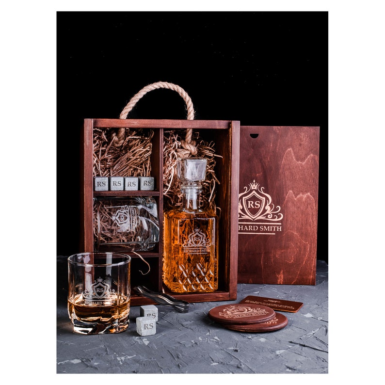 Decanter set personalized with wooden box Whiskey decanter Etsy