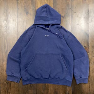 Vintage 1990s Nike Mini Middle Swoosh Blue Essential Blank Hoodie Sweatshirt / tag size Small (see measurements)