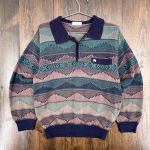 Vintage 1990s Geometric Stripe Pattern Stripes Earth Tones Light Knitted Collared Sweater / S/M (see measurements)