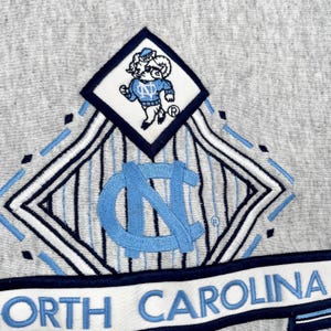 May include: Close-up of a grey sweatshirt with a light blue and white embroidered design. The design includes the words "NORTH CAROLINA" and a cartoon ram mascot. The sweatshirt has a diamond-shaped emblem with the letters "NC".