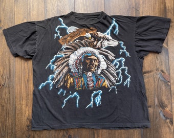 Vintage 1990s American Thunder Lightening Chief Wolf Eagle Graphic Double Sided Single Stitch Shirt