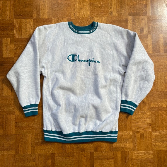 Vintage 1990s Champion Reverse Weave Teal Blue Ringer Crewneck