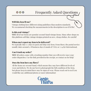 May include: A cream-coloured graphic with the text "Frequently Asked Questions" and a mouse icon. The text addresses sizing, authenticity, delivery times, tracking, and item flaws. The logo "Cargo Thrifts" is at the bottom.