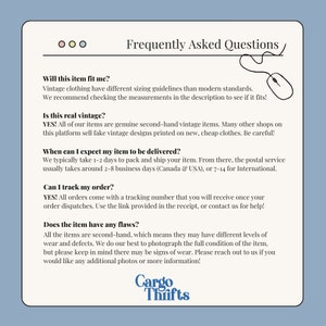 May include: A cream-colored graphic with the text "Frequently Asked Questions" and a computer mouse illustration. The text includes questions about sizing, authenticity, delivery, tracking, and item flaws. The Cargo Thrifts logo is at the bottom.