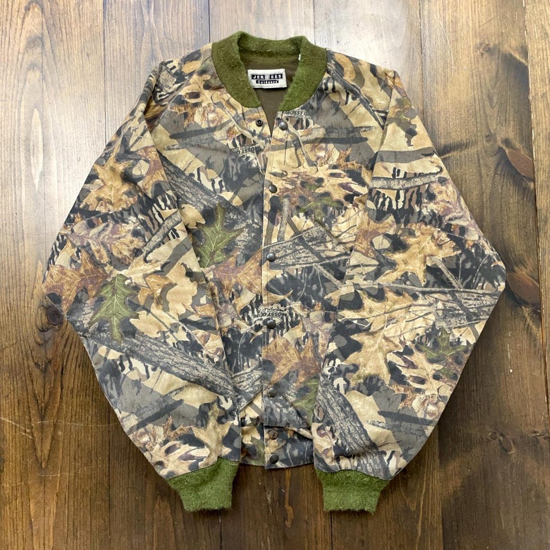 Vintage 1990-tals Mossy Oak Camouflage Bomberjacka med knappar och lätt passform / storlek XL (se mått) bild 3