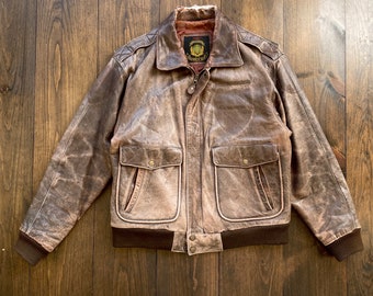 Vintage 1990’s Genuine Leather Faded Brown Bomber Jacket