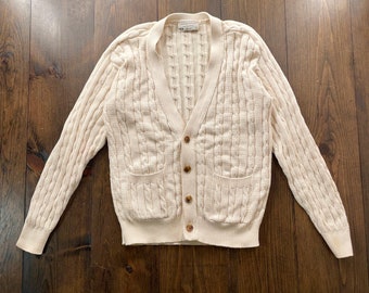 Vintage 1970s Chunky Cable Knit Button Cardigan Sweater / made in USA / tag size Medium (see measurements)