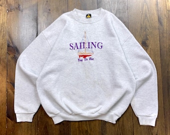 Sudadera vintage de cuello redondo con diseño costero de velero, años 90. Fabricada en EE. UU., talla XL (ver medidas).