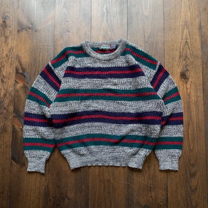 Vintage 1990s Horizontal Stripe Pattern Knit Grandpa Sweater / size Medium (see measurements)
