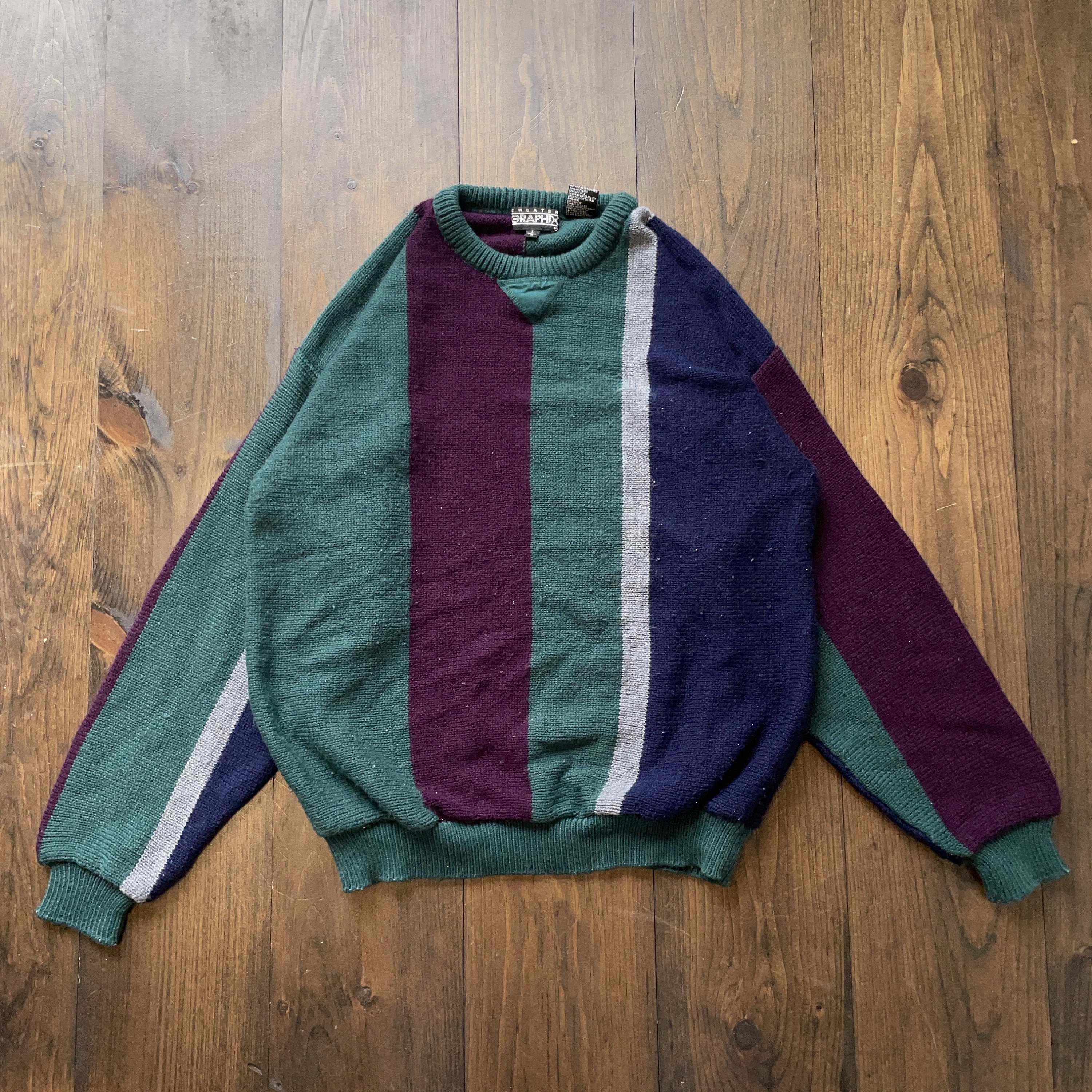 Vintage 1990s Color Block Vertical Stripe Pattern Knit Sweater