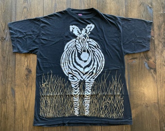 Vintage Zebra Double Sided Big All Over Print AOP Graphic Tee Shirt / made in Kenya