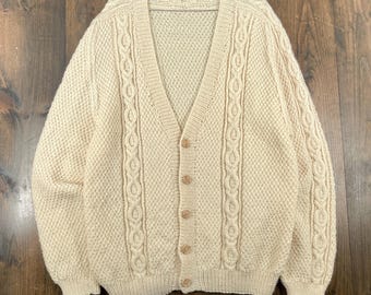 Vintage 1990s Wool Chunky Thick Cable Knit Button Cardigan Sweater / see measurements for sizing