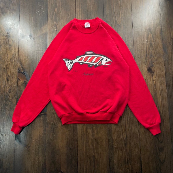 Vintage 1990s Alaska Salmon Fish Crewneck Sweatshirt / made in USA / tag size Large (see measurements)