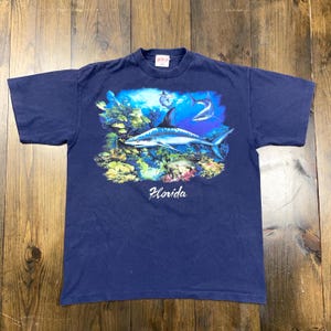 Vintage 1990s Shark Ocean Florida Graphic Single Stitch Shirt / made in USA / size XL