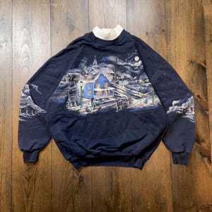 Vintage 1990s Winter Town Village AOP All Over Print Crewneck Sweatshirt / made in USA / size Large