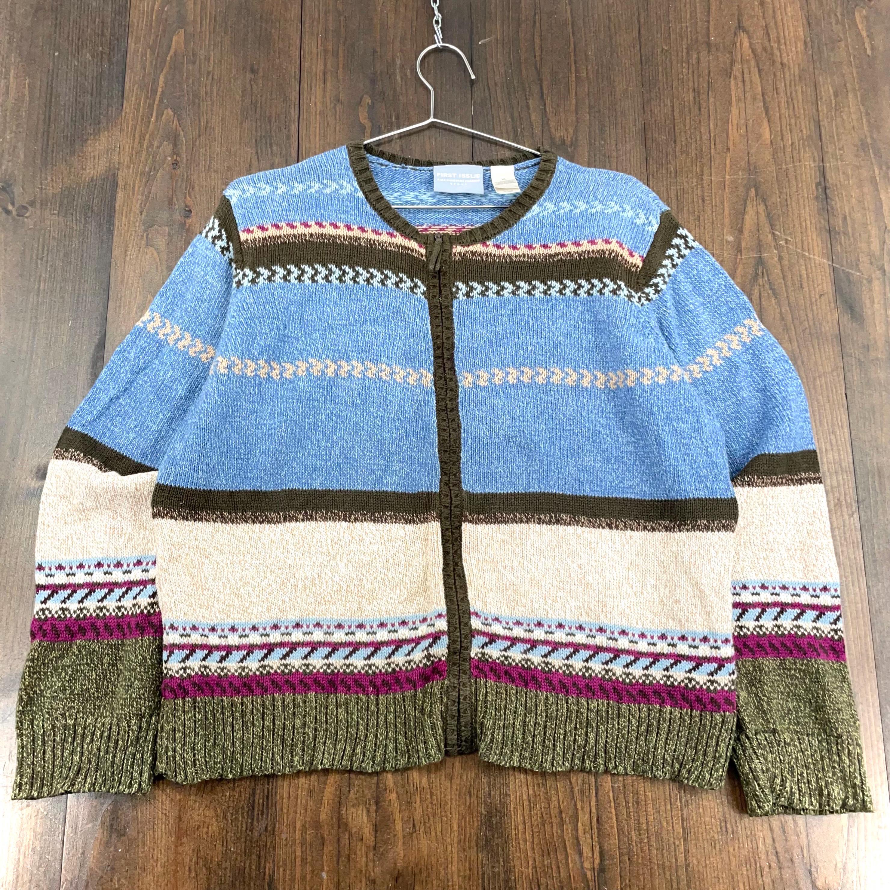 Vintage 1990s Knitted Stripe Pattern Zip Cardigan Sweater / Tag