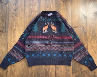 Vintage 1990s Wool Deer Pendleton Horizontal Stripe Knitted Crewneck Sweater / made in USA
