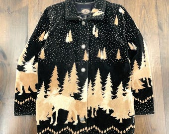 Chaqueta tipo suéter con cremallera, estilo vintage de los años 90, con estampado integral de alces, osos y naturaleza en el bosque / talla pequeña (ver medidas)