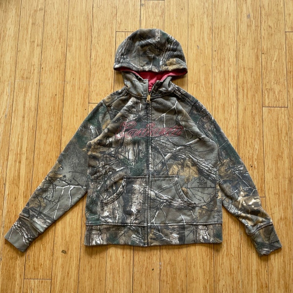 Vintage Carhartt Real Tree Camo Camouflage Trees Oak Zip Hoodie Sweatshirt / size Medium (Youth - see measurements