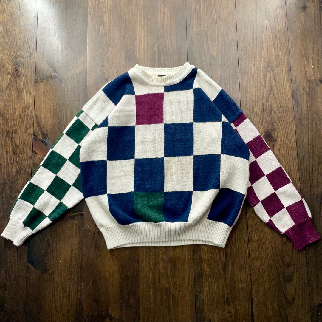Vintage 1990s Checkered Square Pattern Knit Sweater / Size XL - Etsy