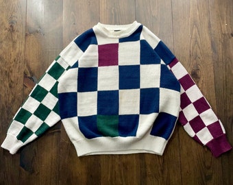 Vintage 1990s Checkered Square Pattern Knit Sweater / size XL