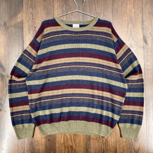 May include: A striped crew neck sweater in blue, burgundy, and tan hues. The sweater, with a solid olive green collar and cuffs, hangs on a metal hanger. The background is wooden. The sweater's design features horizontal stripes.