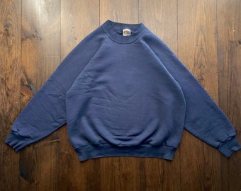 Vintage 1990s Fruit of the Loom FOTL Navy Blue Blank Crewneck Sweatshirt / size Large