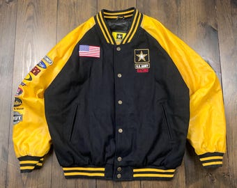 Vintage US Army Racing Faux Leather Bomber Jacket United States Military / size Large (see measurements)