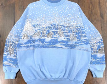 Vintage 1990s Bunny Rabbit Woods Forest Landscape Winter Snow All Over Print AOP Crewneck Sweatshirt / size 2XL (see measurements)