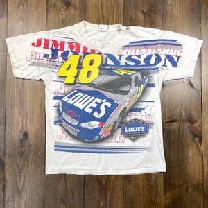 Vintage NASCAR Jimmie Johnson Lowes All Over Print AOP Graphic Tee Shirt / size Large (see measurements)