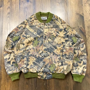 Vintage 1990-tals Mossy Oak Camouflage Bomberjacka med knappar och lätt passform / storlek XL (se mått) bild 1