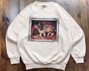 Vintage 1993 Kitten Sleeping Cat Crewneck Sweatshirt / made in USA / tag size XL (see measurements)