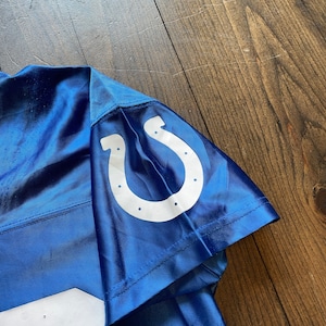 May include: Blue football jersey with a white horseshoe logo on the sleeve.