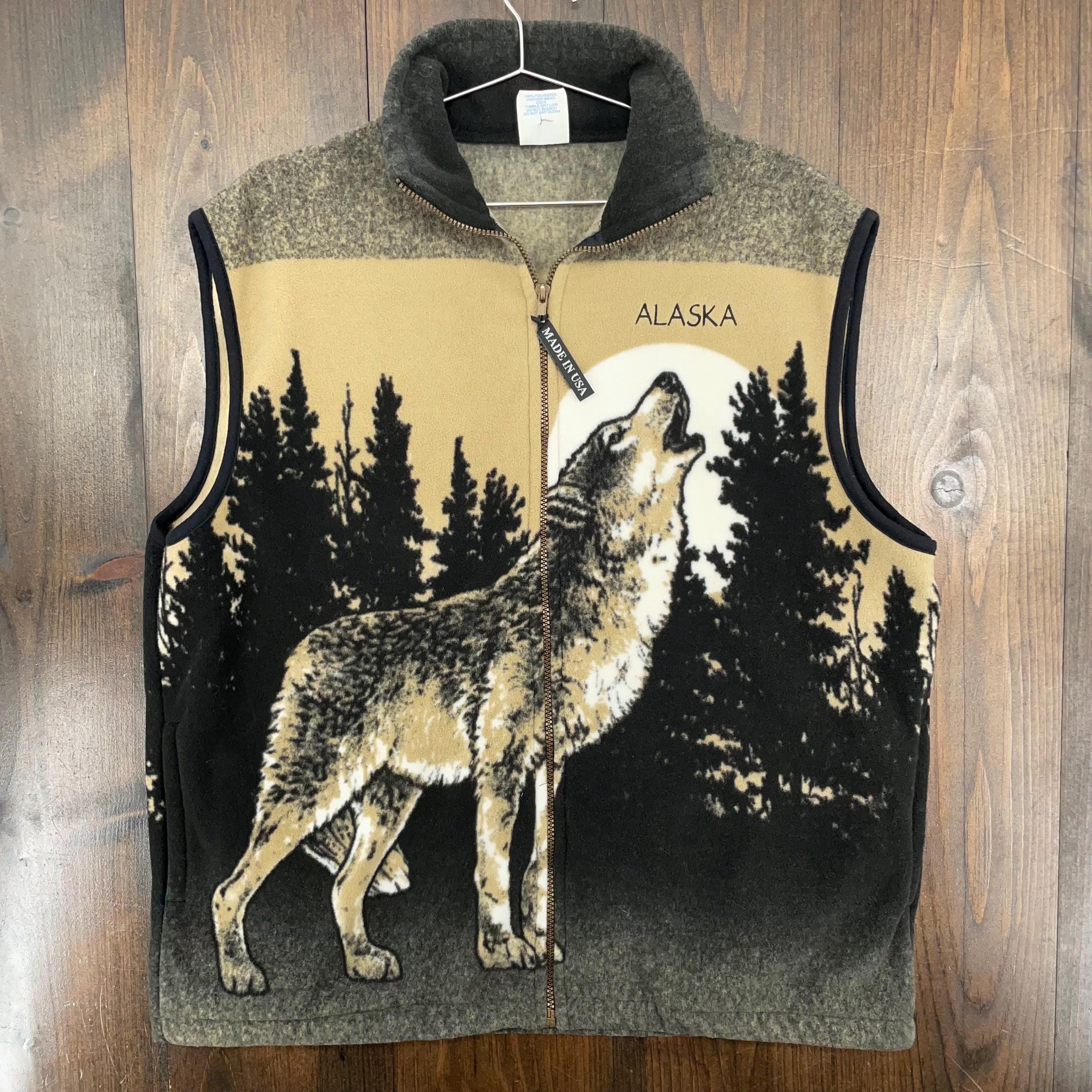 Vintage 1990s Alaska Wolf Howling Moon Forest Fleece Zip Sweater