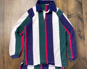 Vintage 1990s Rugby Polo Collared Long Sleeve Striped Shirt / size Medium (see measurements)