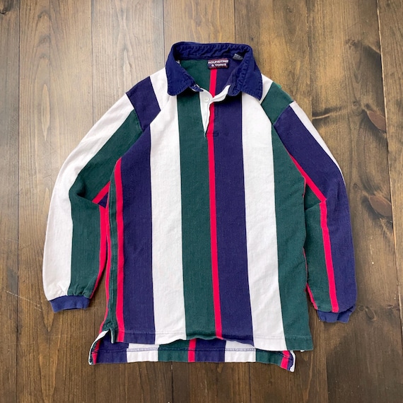 BELVET Striped Rugby Shirt 即完品 Vintage 1990s Rugby Polo Collared Long Sleeve Striped Shirt / Size