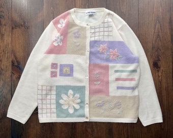Vintage 1990s Floral Flower Pastel Knitted Button Cardigan Sweater / tag size XL (see measurements)