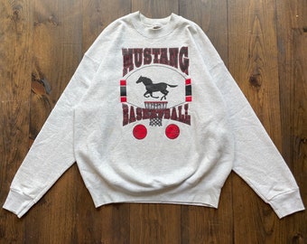 Vintage 1990s Mustang Basketball Athletics Varsity Crewneck Sweatshirt / made in USA / tag size XL (see measurements)
