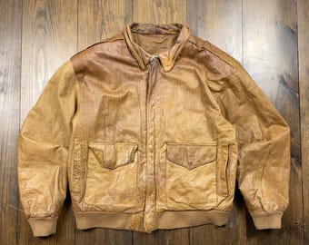 Vintage 1990s Genuine Leather Brown Bomber Jacket / See