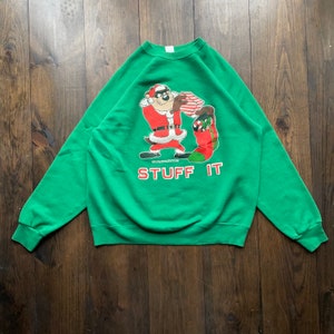 Vintage 1992 Warner Bros Taz Tasmanian Devil Stuff It Cartoon Winter Christmas Crewneck Sweatshirt / made in USA / size Large