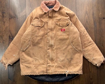 Vintage 1990s Dickies Thrashed Distressed Trench Coat Canvas Jacket / size Medium (oversized)