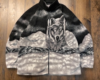 Vintage 1990s Wolf Wolves Trees Forest All Over Print Double Sided Fleece Zip Coat Jacket / size XL